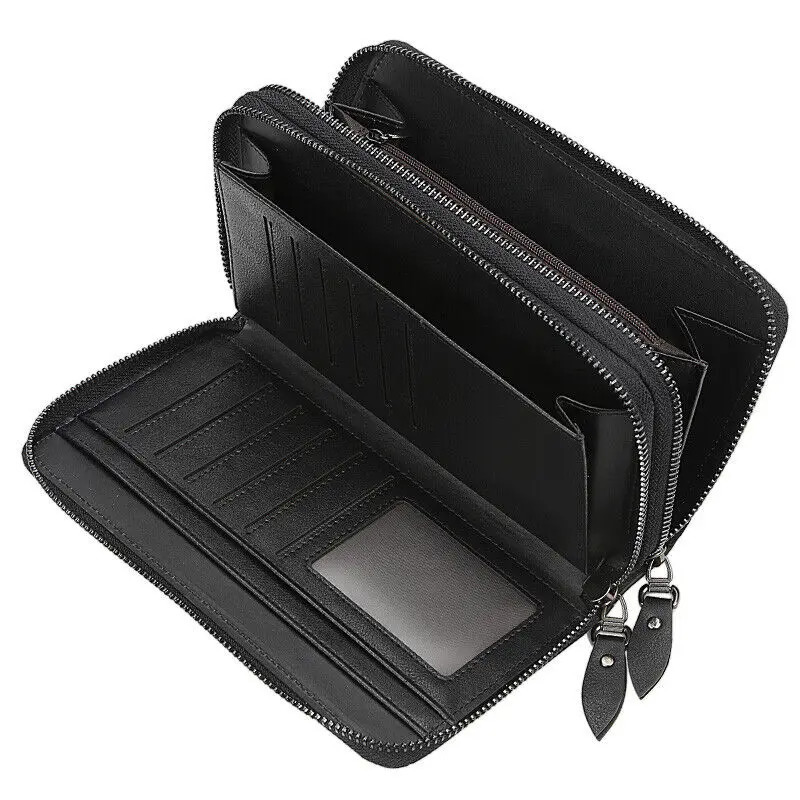Mens Double Zipper Wallet Card Holder Clutch Purse Checkbook Cell Phone Handbag Long Organizer Bag With Wristlet 250723