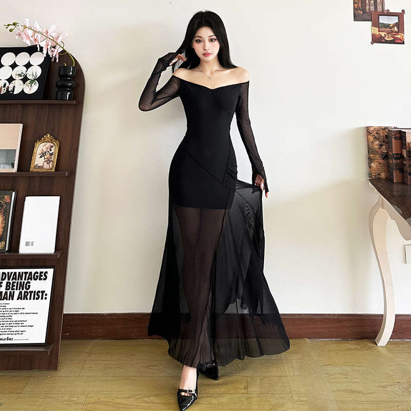 2025 Spring New Women's Solid Color Slim High Waist Fashion Off-Shoulder Long Sleeve Dress e79