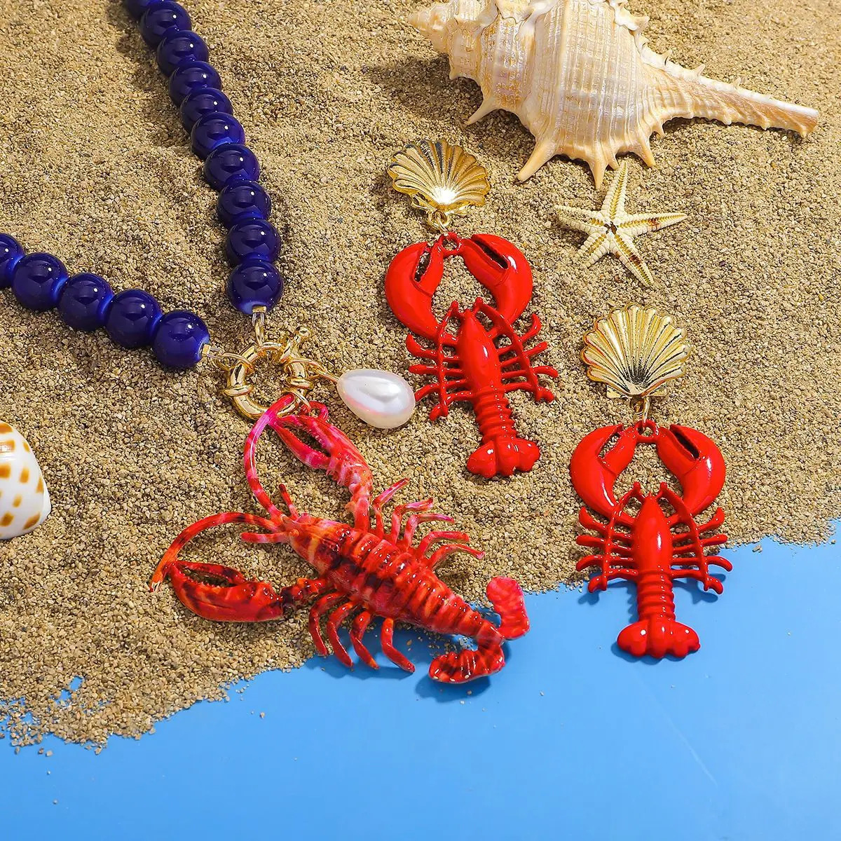 Bohemia Lobster Pendant Necklace for Women Summer Creative Sea Animal Crystal Beaded Beach Vacation Jewelry Gift 250716