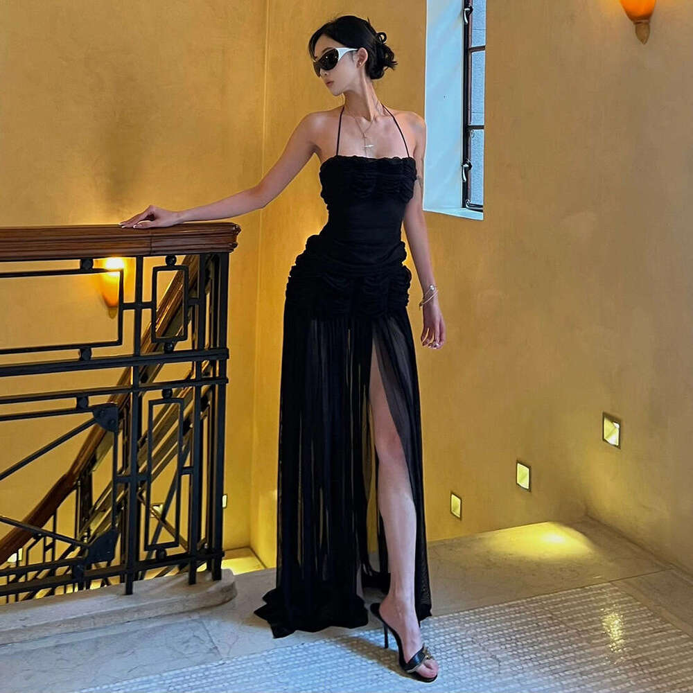 2025 Summer New Ins Style Strapless Camisole Mesh Slimming Backless Bodycon Sexy Dress 612