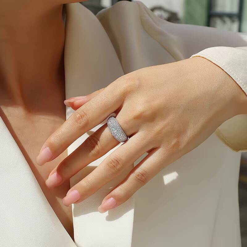 Luxury Fine Jewelry S925 Sterling Silver Pave Setting Dome Design Moissanite Ring for Women Engagement Wedding Ring