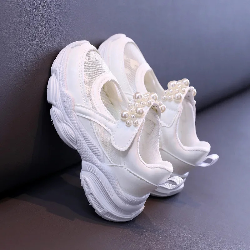 Summer Girls Tennis Shoes Mesh Hollowed Solid Color Pearl Sports Kids Princess Sneakers Cute Heart 250725