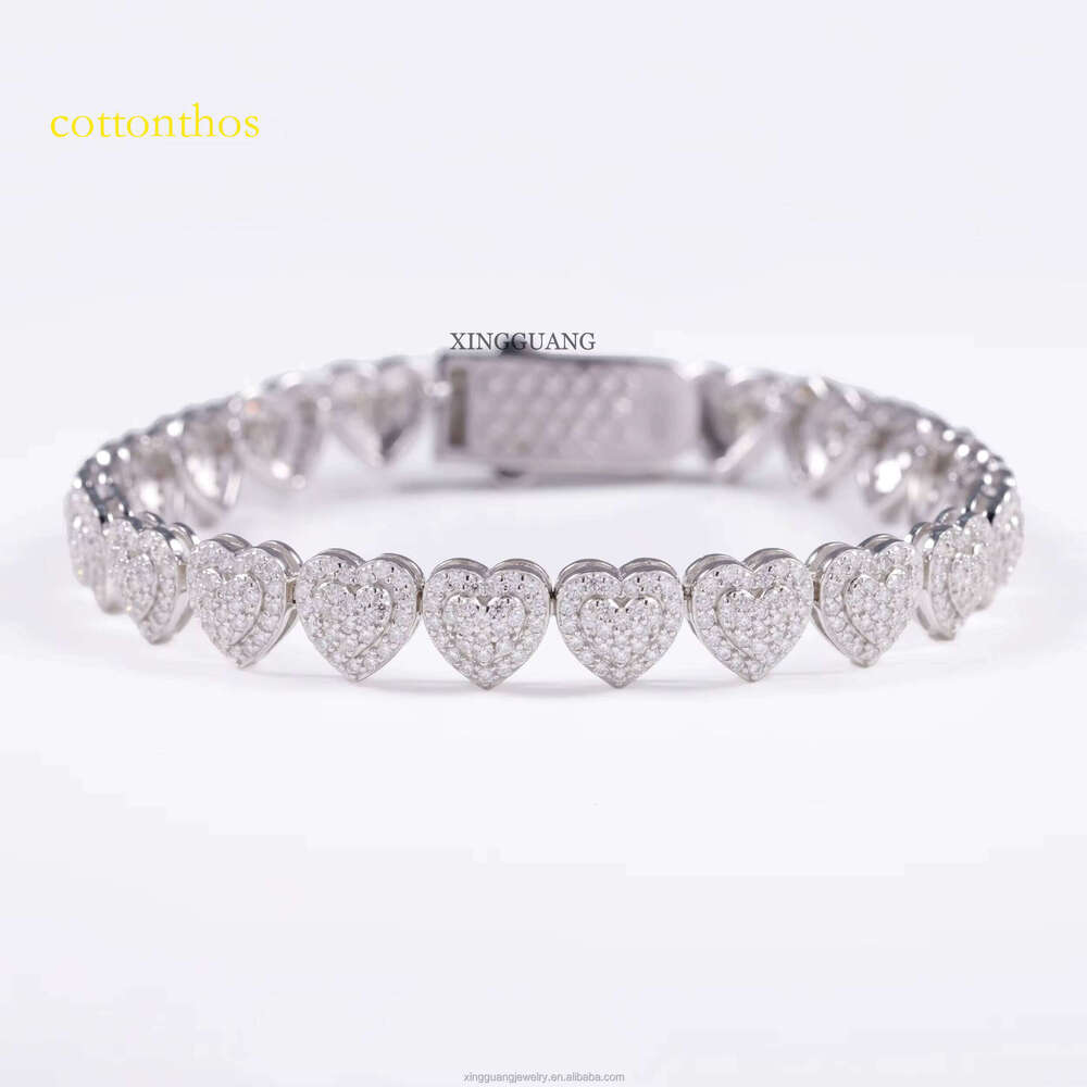 Spring Clasp 10MM Wide Heart Real Gold Plated Sier Pass Dia Test VVS Moissanite Cuban Link Chain Women Bracelet