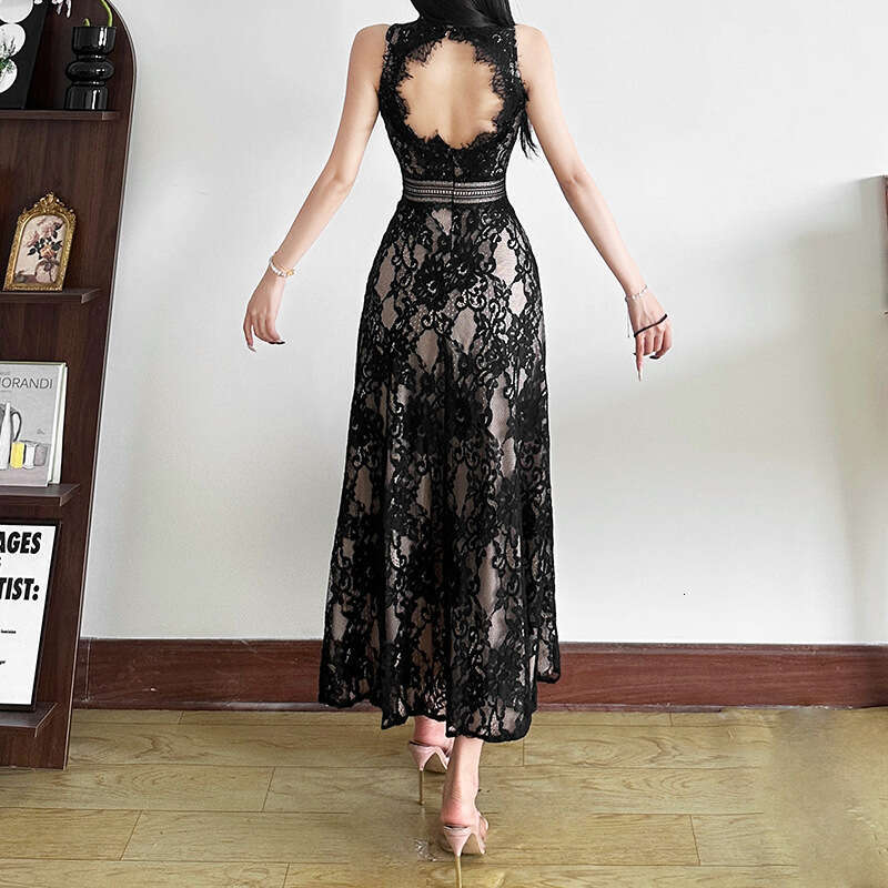2025 Summer New Sexy Fashion Back Hollow Niche Design Lace Round Neck Sleeveless Long Dress d5c