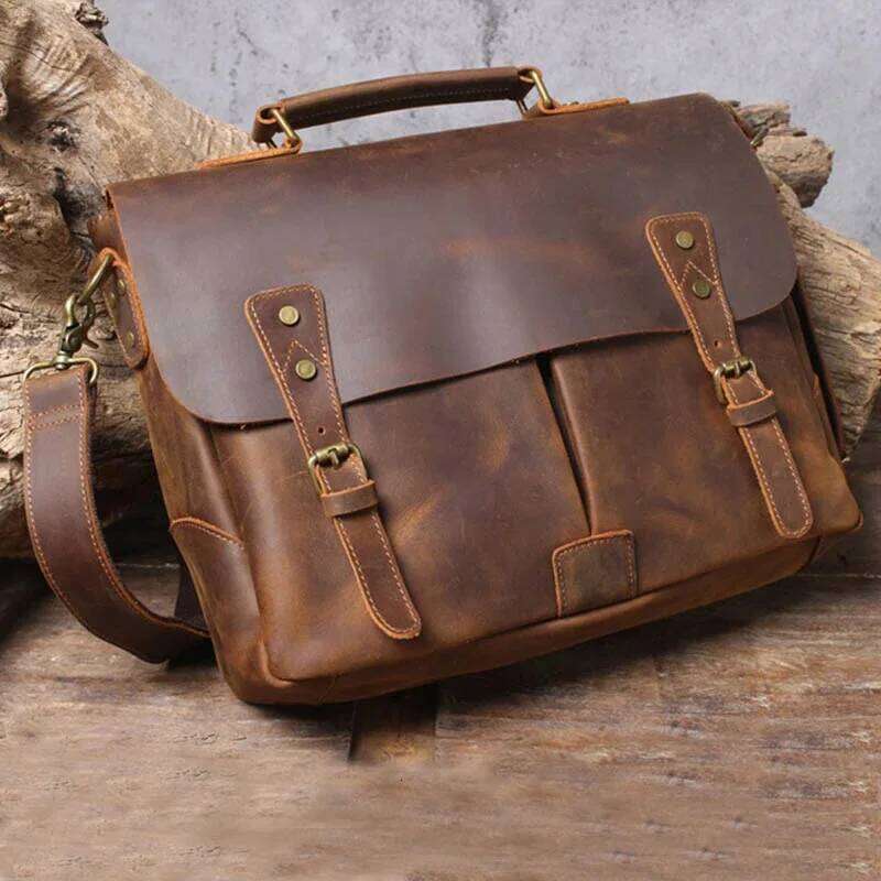 OLOEY Newsbirds Cowhide Men's Briefcase Genuine Leather A4 File Document Handbag Male Laptop Shoulder Business Computer Bag