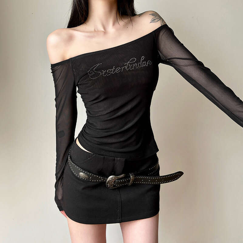 2025 Spring Women's Fashion Sexy Off-Shoulder Design Personality Rhinestone Mesh Long Sleeve Top for Women 963