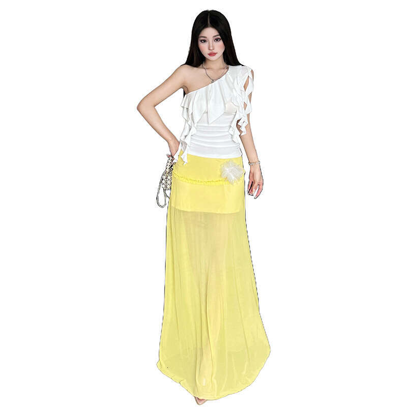 2025 New Summer Asymmetrical Shoulder Lace Trim Slim Fit Versatile Top High Waist Slimming Skirt Set for Women bac