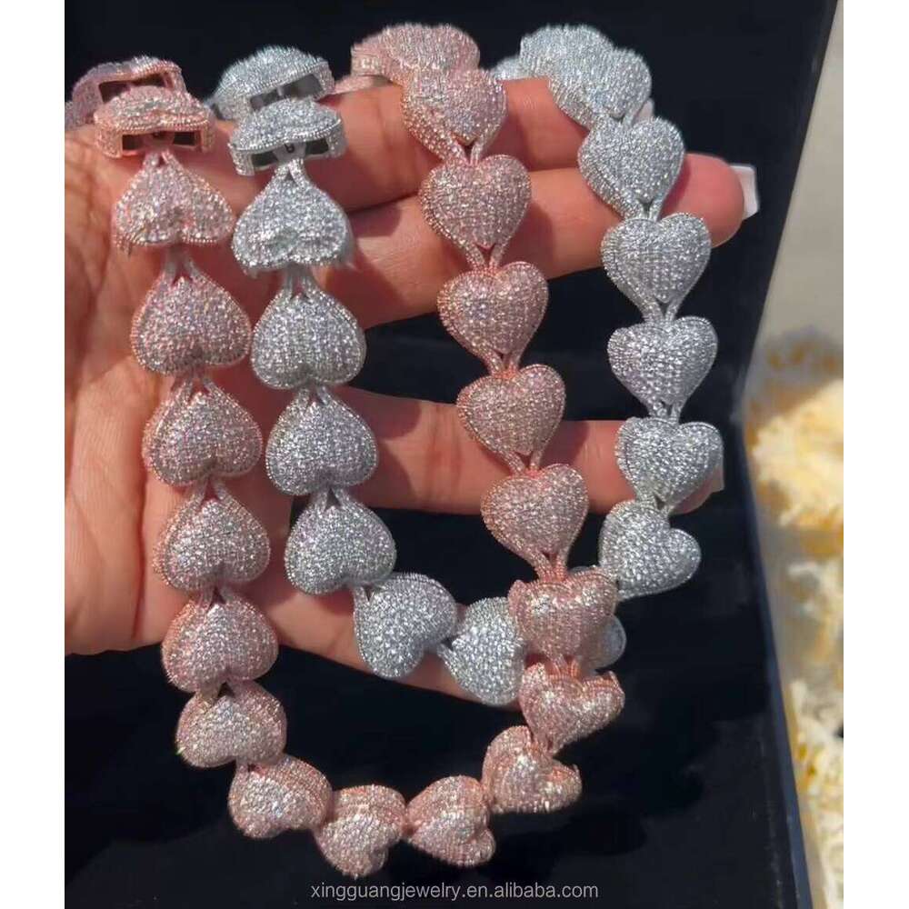 Customized Real Gold Plated Bubble Heart Cuban Link Sier Iced Out Moissanite Charms Fashion Chain Necklace