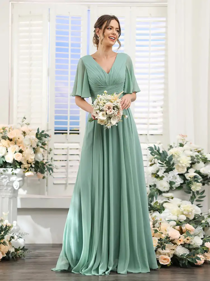 Chiffon V-neck A-line Bridesmaid Dresses Elegant Simple Short Sleeve Floor-Length Evening Dresses Pleated Wedding Party Gowns