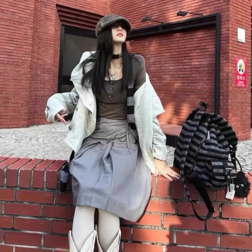 High Quality Korean Style Backpacks Drawstring Design Large Capacity Casual Bookbags Soft Flat Stripe Tote Bags Y250724