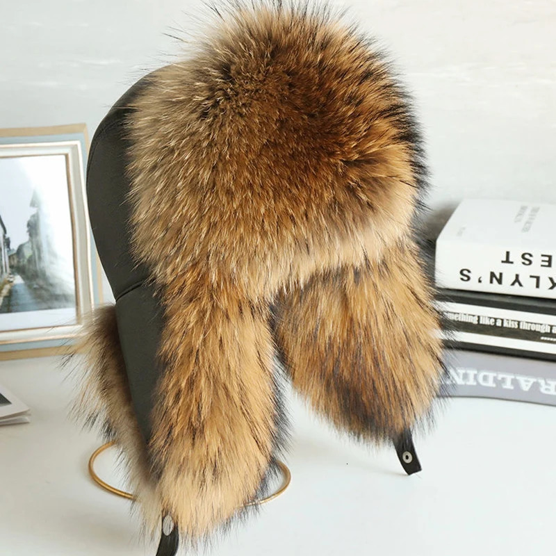 Natural Raccoon Fur Hat Women Black Fox Fur Russian Ushanka Hats Winter Warm Ears Bomber Cap 250724