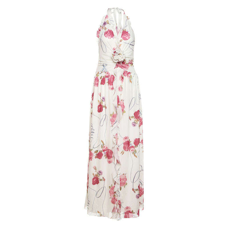 2025 Summer New Sexy Printed Slit Sleeveless Waist-Cinching Slimming Halter Deep V Dress for Women c14