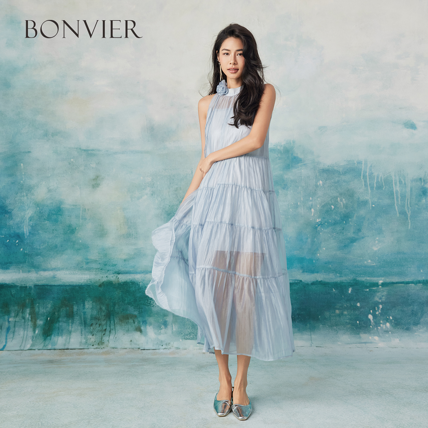 2025 summer new three-dimensional flower temperament cake skirt elegant long skirt holiday style sky blue halter neck skirt 6116808