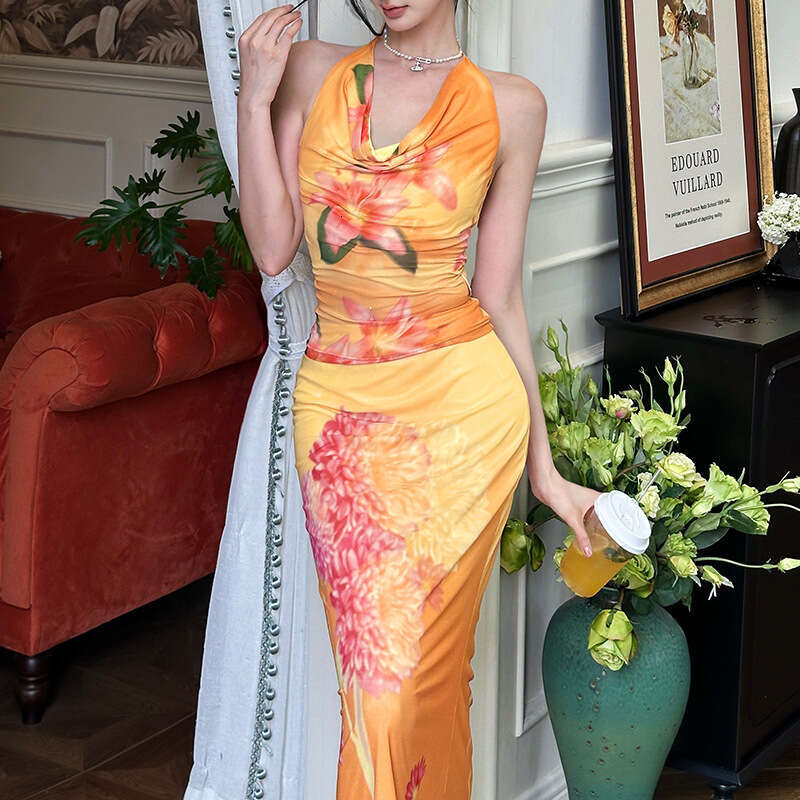 2025 Summer New Style Halter Deep V Sleeveless Top High Waist Slim Fit Printed Skirt Set 04b
