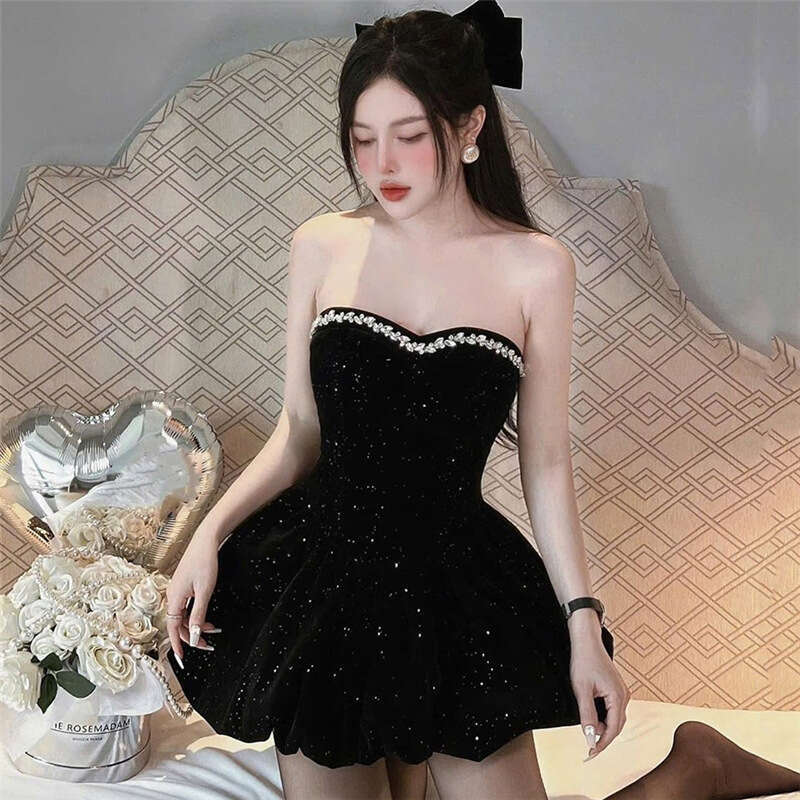 2024 Autumn Winter New Women's Solid Color Slim Street Fashion Off-Shoulder Tube Dress d0b