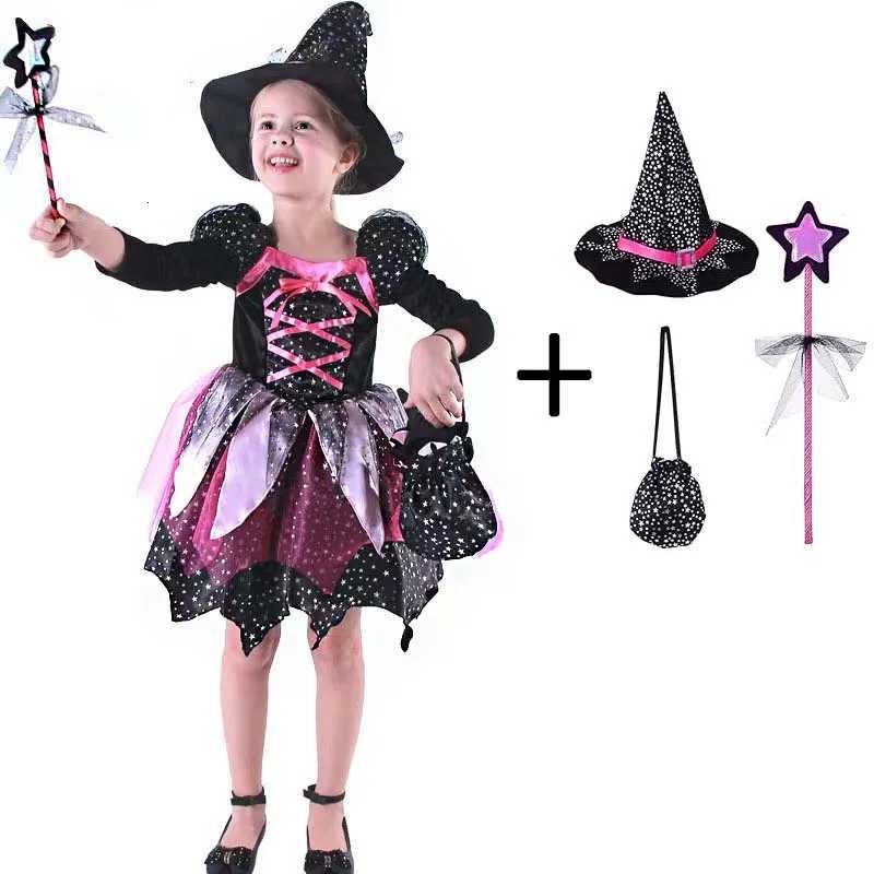 Girls Purple Witch Dress + Hat Kids Halloween Costume Children Birthday Par Dress Mesh Witch Fancy Dress Magic Witch Costume Z250725