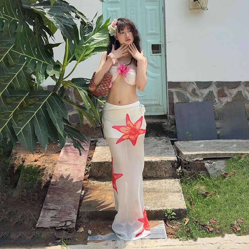 2025 Women's Summer New Street Fashion Printed Strapless High Waist Long Skirt 2f7