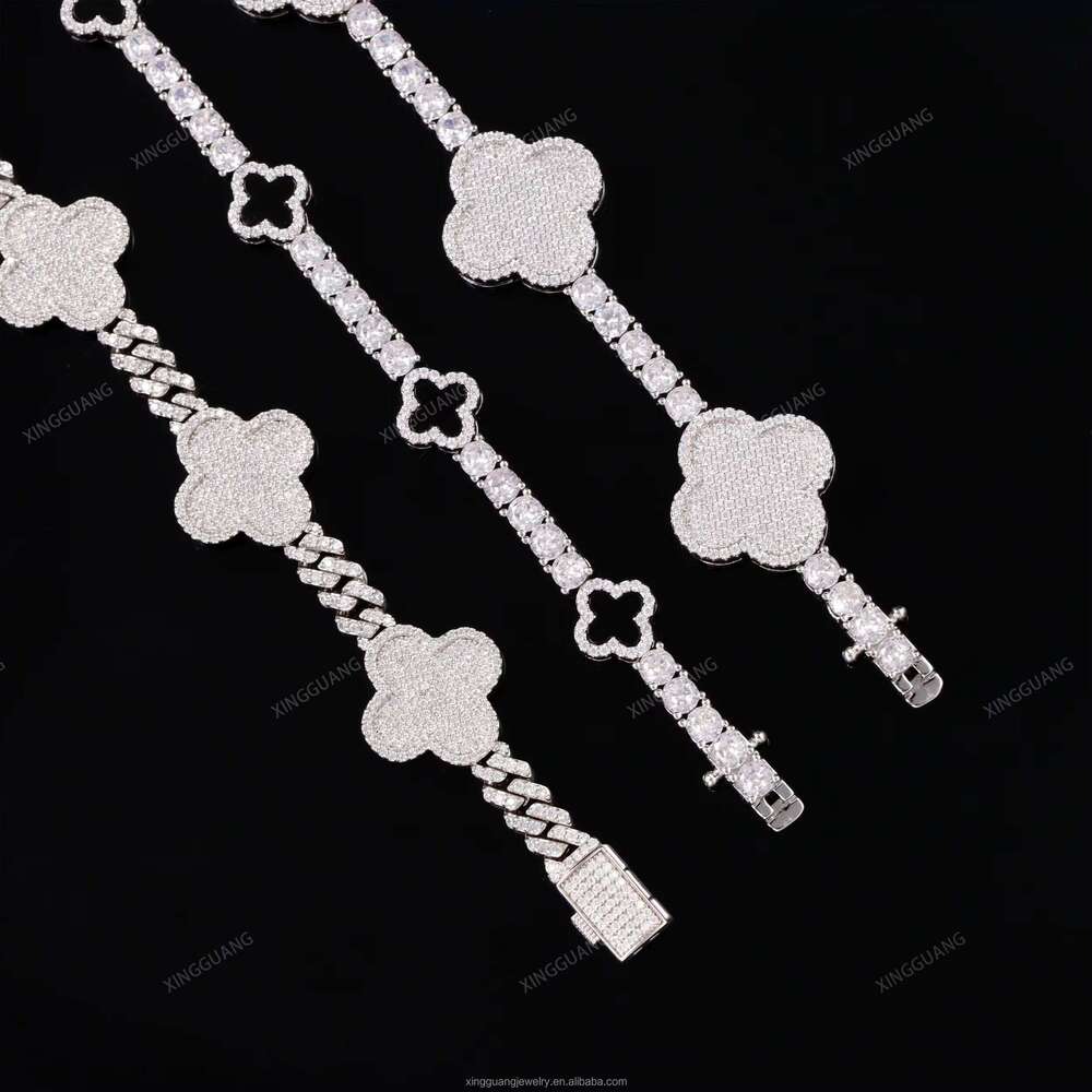 Iced Out Cuban Sterling Sier VVS Moissanite Dia Four Leaf Clover Bracelet 3mm 4mm Tennis Chain