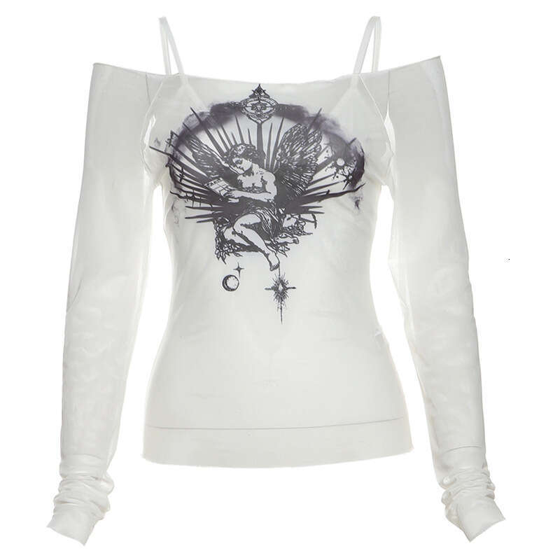 2025 Spring New Women's Solid Color Slim Street Fashion Off-Shoulder Long Sleeve Printed Top 4fa