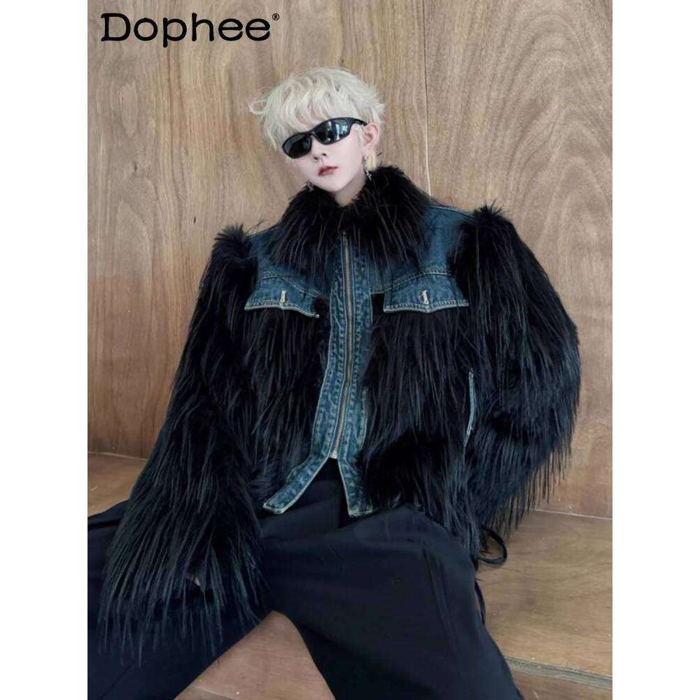 2025 Winter New Male Warm Imitation Fur Cotton-Padded Men's High-End Trendy Handsome Lapel Denim Splicing Cotton Jackets