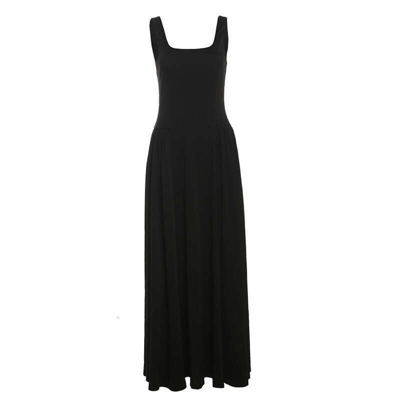 2025 Summer New French Style Elegant Square Neck Waist-Cinching Slim Fit Fashion Casual Sleeveless Long Dress 074