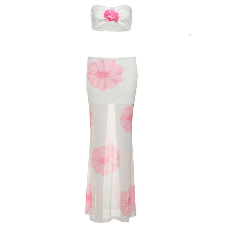 2025 Summer New Fashion Sexy Strapless High Waist Mesh Printed Skirt Set 3db