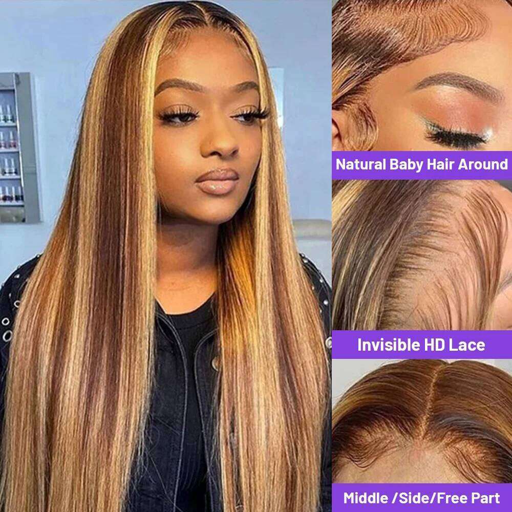 250 Density 13X6 Highlight Ombre Front Wig 4/27 Honey Blonde Human Hair Bone Straight Lace Frontal Wigs For Women