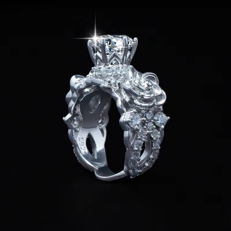 Exclusive Design Luxury Rose 3D Carving Inlaid 1CT Moissanite S925 Sterling Silver Engagement Wedding Proposal Womens Ring