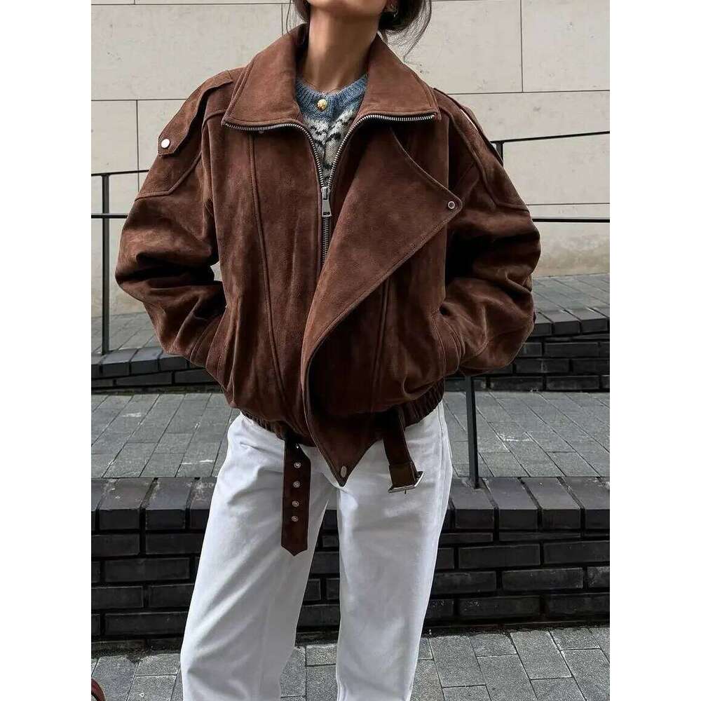 European And American Brown Lapel Irregular Short Loose Jacket Retro Maillard Fashion Casual Top