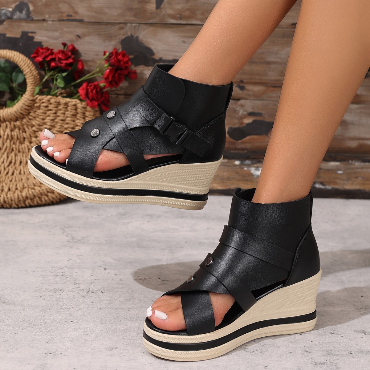 Ddmysports Plus Size Waterproof Platform Wedge Sandals For Women With High Heels And Back Zipper Peep Toe Design Outdoor Shoes