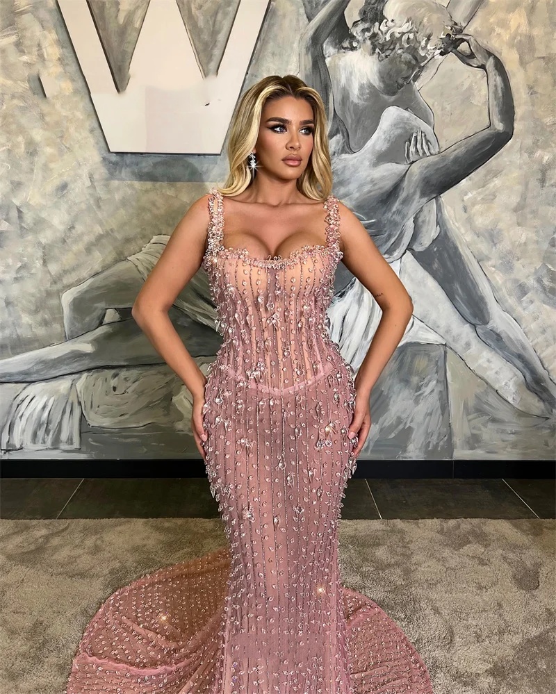 Luxury Evening Dresses For Women Square Neck Spaghetti Strap Sleeveless Gown Rhinestone Sequins Sweep Train Dress Party Customized Dress