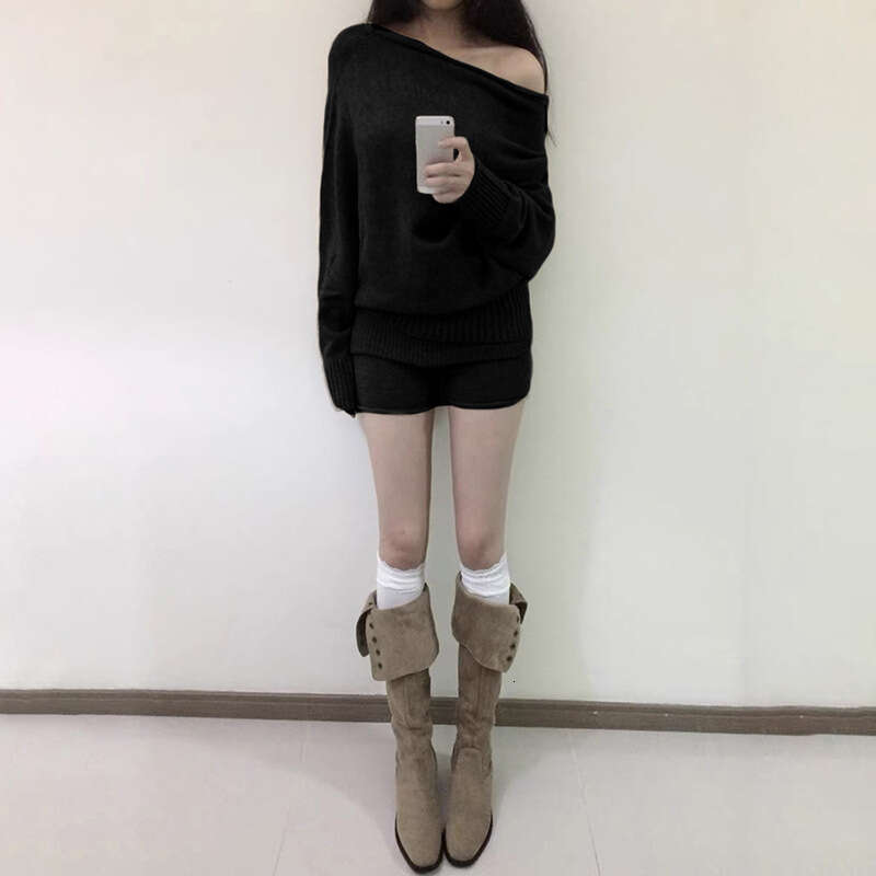 2024 Autumn New Women's Solid Color Loose Long Sleeve Top Fashion High Waist Shorts Set 6e5