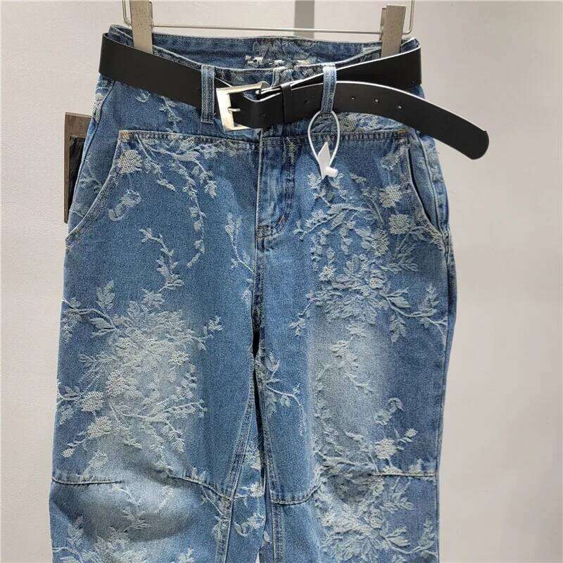 Women Short Jeans Jacquard Thin Style High Waist Straight Wide Leg Denim Calf-Length Pants 2025 New Fashion Summer 29A1826