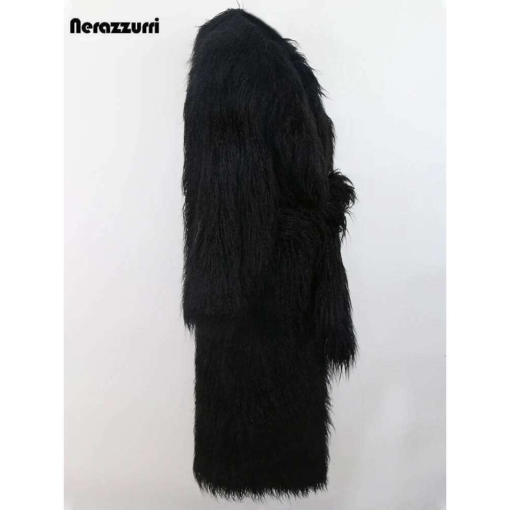 Nerazzurri Winter Long White Black Hairy Shaggy Fluffy Thick Warm Soft Stylish Faux Mongolia Lamb Fur Coat Women Belt Lapel 2023