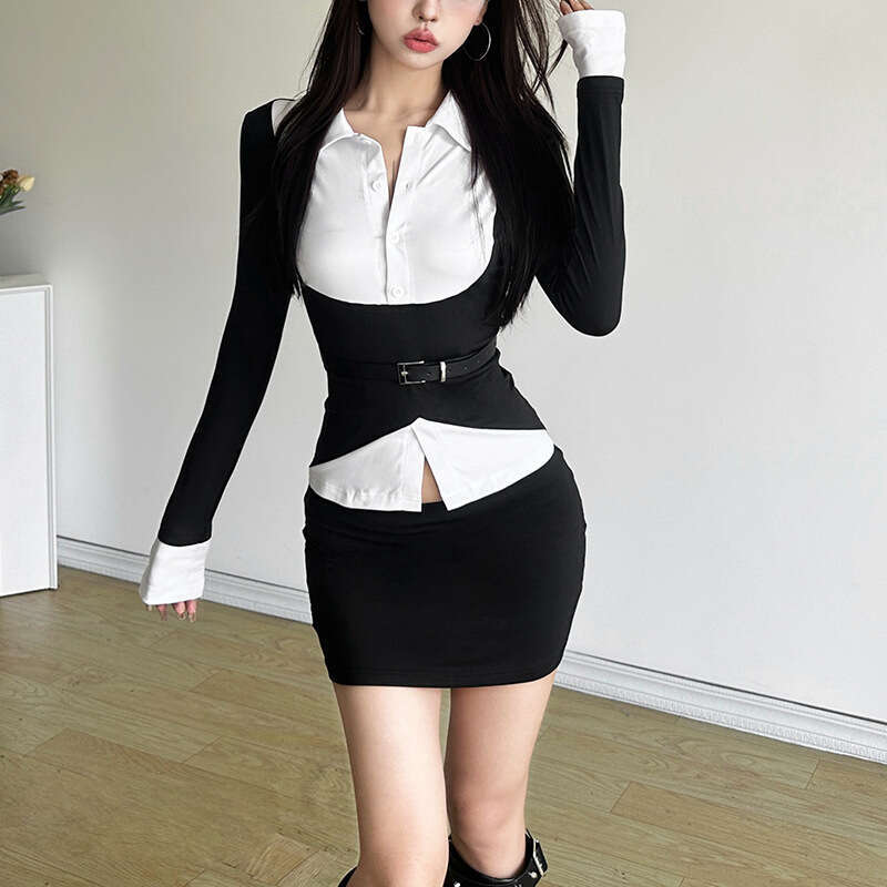 2024 Autumn New Women's Solid Color Slim Street Fashion Turn-Down Collar Long Sleeve Fake Two-Piece Top 2a8