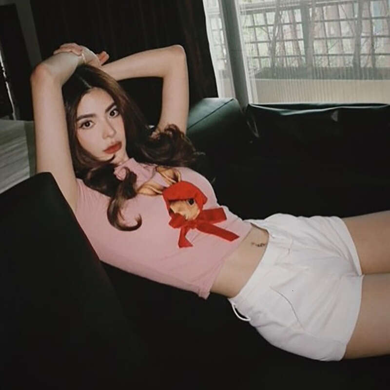 2025 Spring New Women's Fashion Solid Color Slim Fit Crop Top Round Neck Short Sleeve Printed Blouse fd1