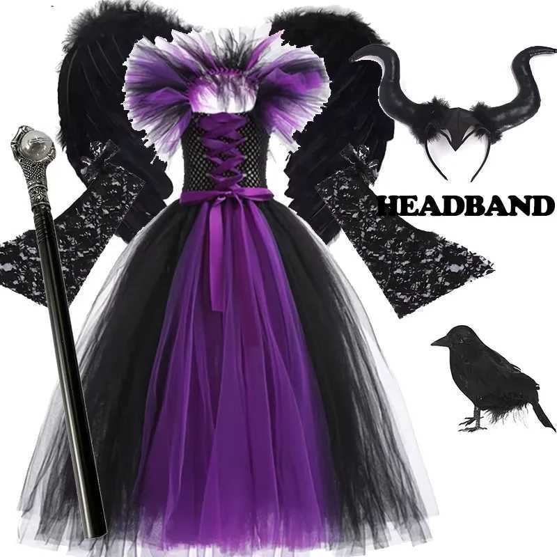 Girls Cosplay Evil Queen Costume Kids Halloween Witch Dress Handmade Knitted Tulle Tutu Ruffles Floor Length Princess Hat Outfit Z250725