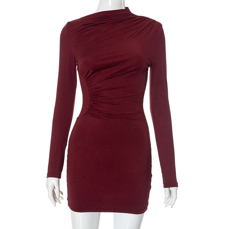 Gds226 Women's Autumn Winter New Solid Color Asymmetrical Neck Sexy Ruched Bodycon Short Dress B5