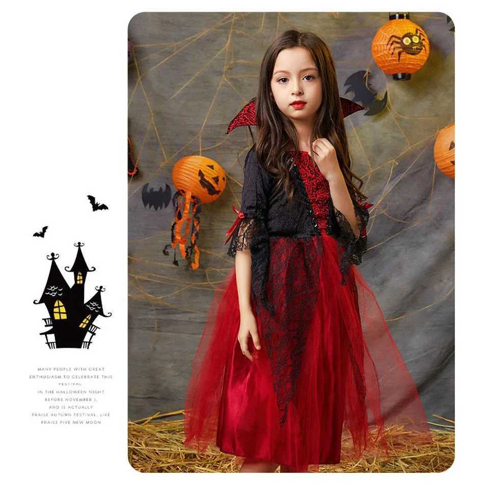 Vampire Costume for Girls Halloween Princess Par Dress Kids Cosplay Dresses Children Stand Collar Tulle Lace Black Red Clothes Z250725