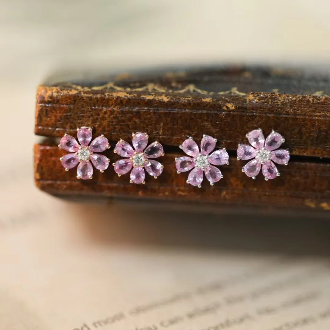 925 Silver Pink Tourmaline Flower Ear Stud Cherry Earrings Ins Sparkling Pink Crystal Ear Cuff For Gifts -selling s 250722