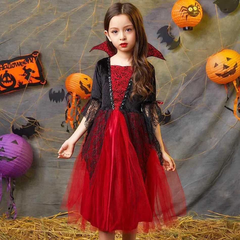 Vampire Costume for Girls Halloween Princess Par Dress Kids Cosplay Dresses Children Stand Collar Tulle Lace Black Red Clothes Z250725