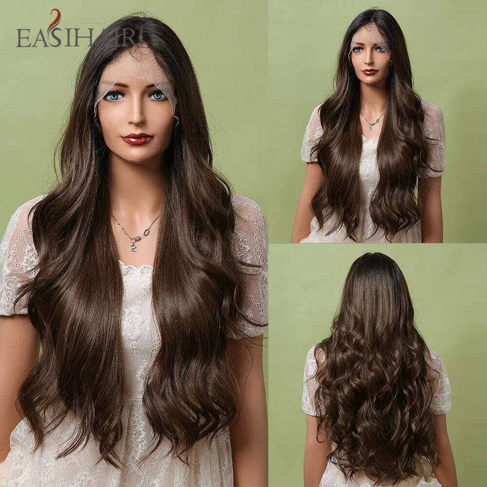 EASIHAIR Ombre Dark Brown Front Middle Part Long Body Wave Synthetic Lace Hair Wigs for Black Women Cosplay