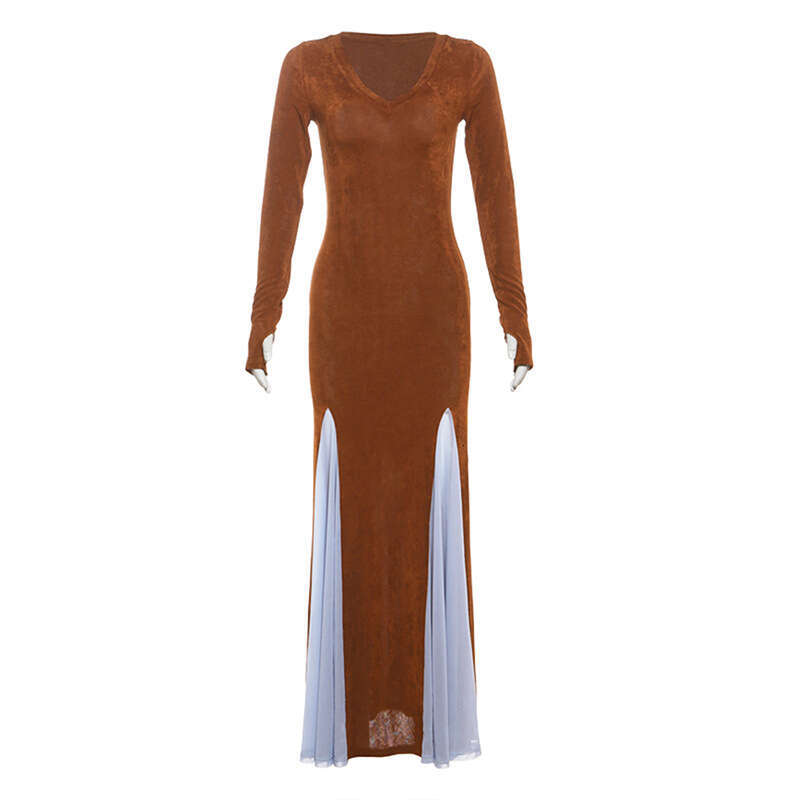 2024 Autumn New Fashion Solid Color Long Sleeve V-Neck Sexy Slim Fit Slit Dress df5