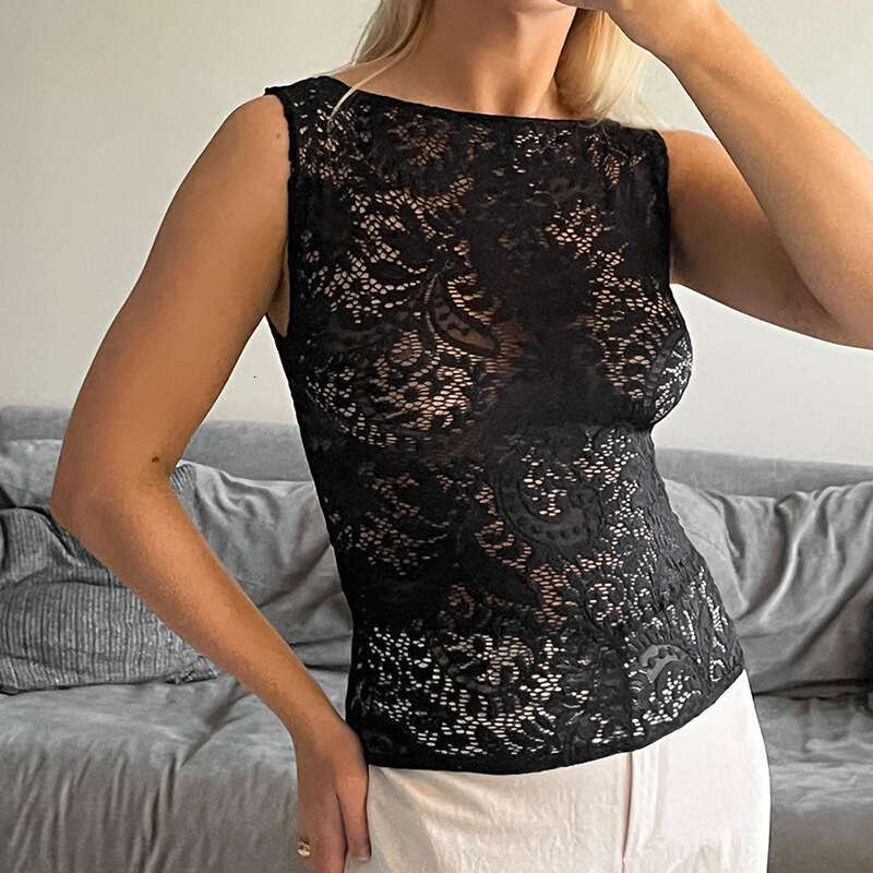 Y23tp743 Women's Spring New Casual Round Neck Pullover Slim Fit Patchwork Solid Color Lace Vest Top B5