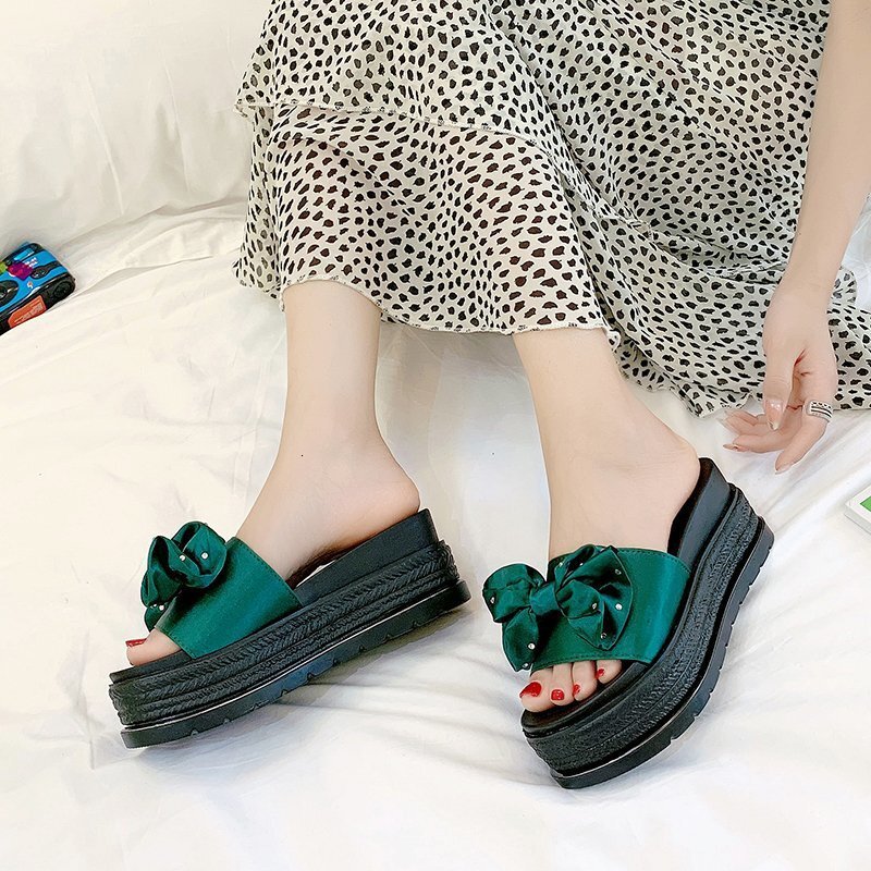 Ddmysports Women S With Bowknot Summer New Wedge Thick Sole Outdoor One Word Slippers Fashion Height Increasing Shoes Outdoor Shoes