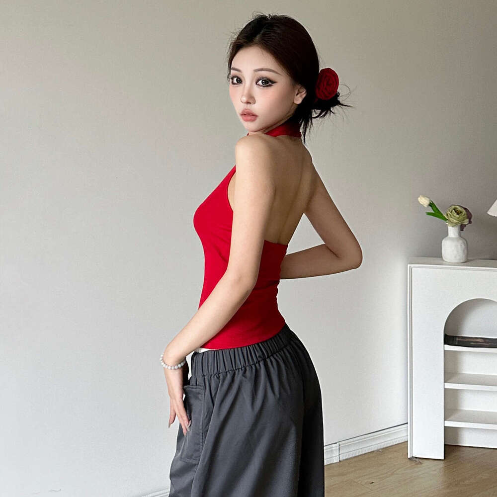 2024 Summer New Women's Solid Color Halter Neck Tank Top High Waist Loose Long Pants Set 569