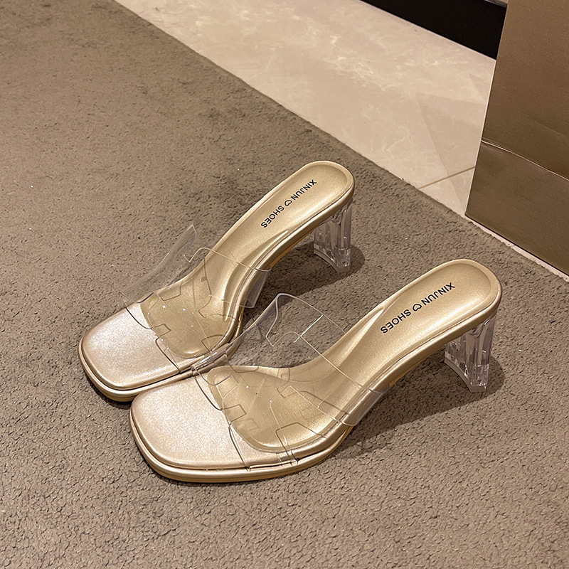 Ddmysports Summer New Waterproof Platform Transparent Sandals For Women One Strap Chunky Heel High Heels Simple Crystal Slippers Versatile Outdoor Sho