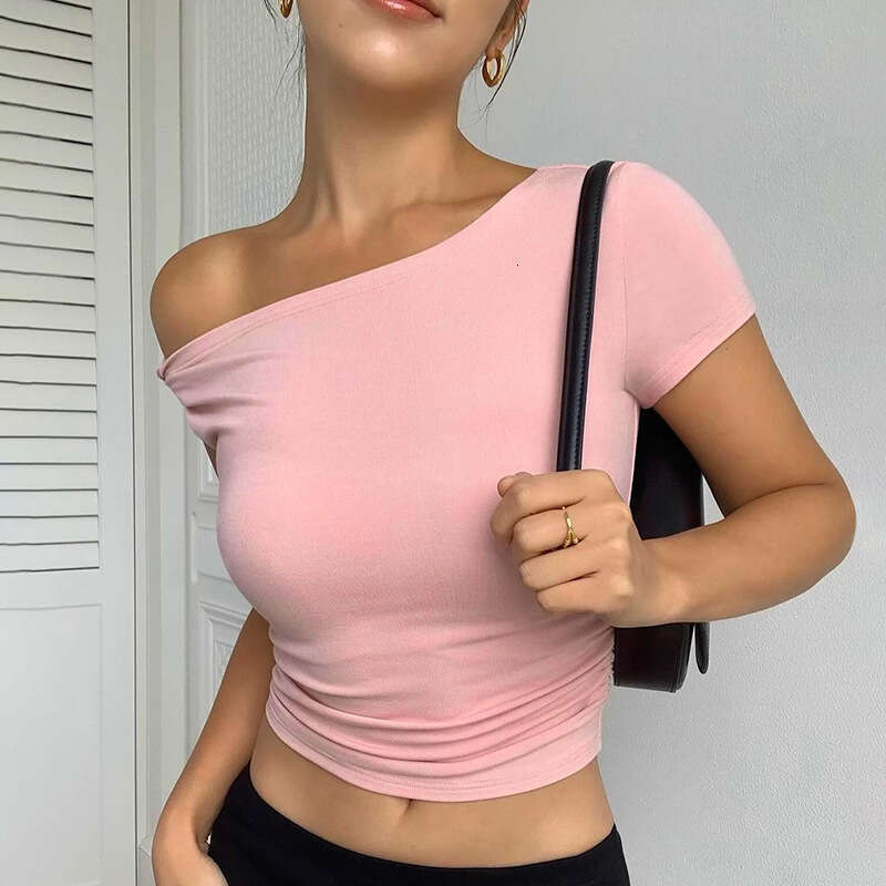 Qtp234 Women's Summer New Solid Color One-Shoulder Crop Asymmetric Sexy Small Top For Women B5
