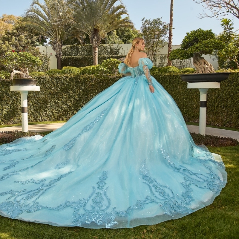 Blue Shiny Quinceanera Dresses Ball Gown Off The Shoulder Applique Lace Beads Tull Corset Party Birthday Sweet 16 Dress Vestidos 15 Anos