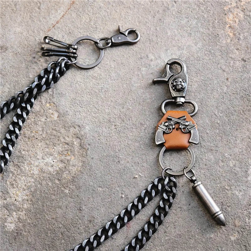 Double Gun Bullet Keychain Pendant Cowhide Metal Pants Chain Thick Double HipHop Punk Waist Chain Accessories Gifts Wholesale 250722